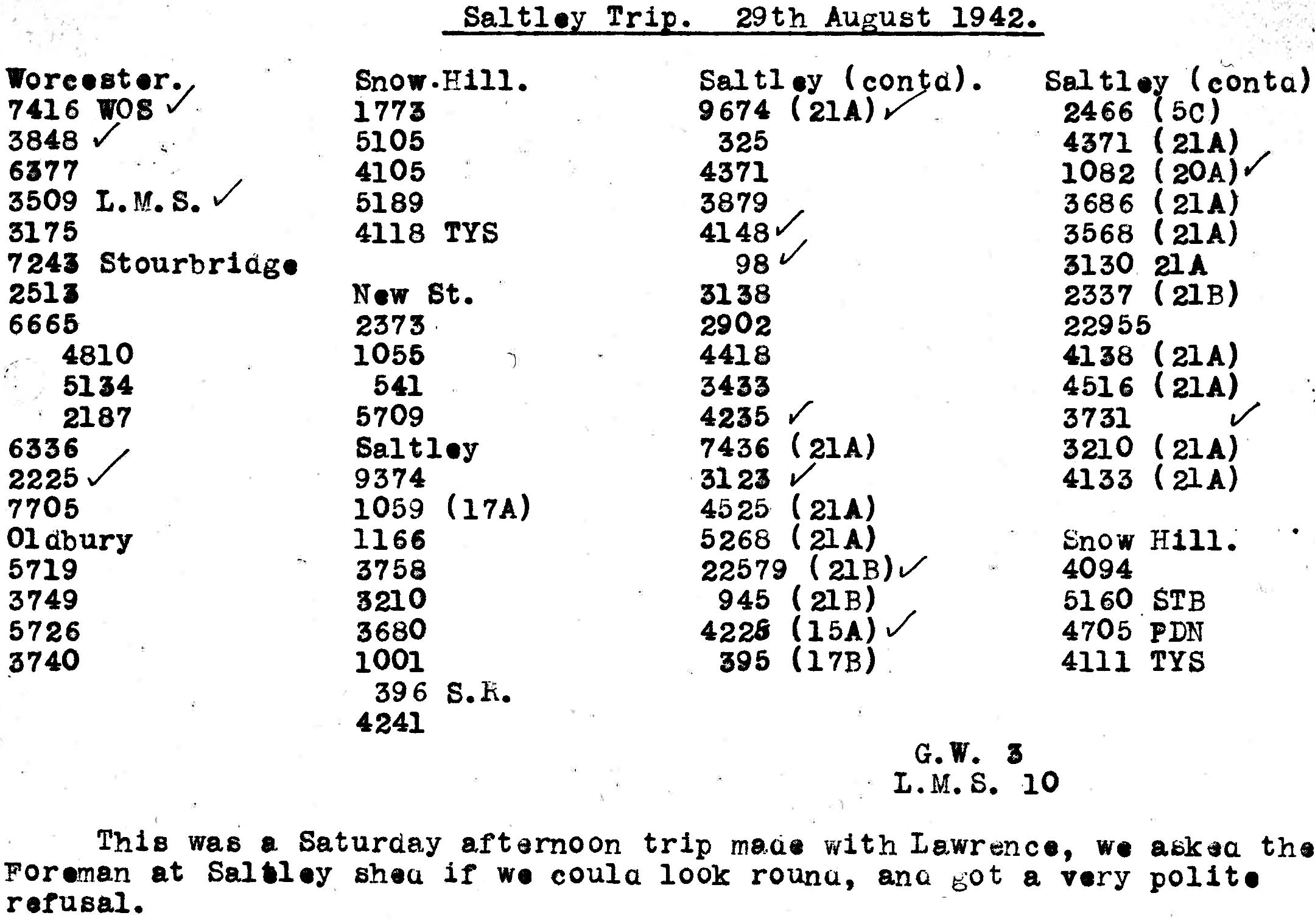 29th August 1942 - Trip to Saltley.