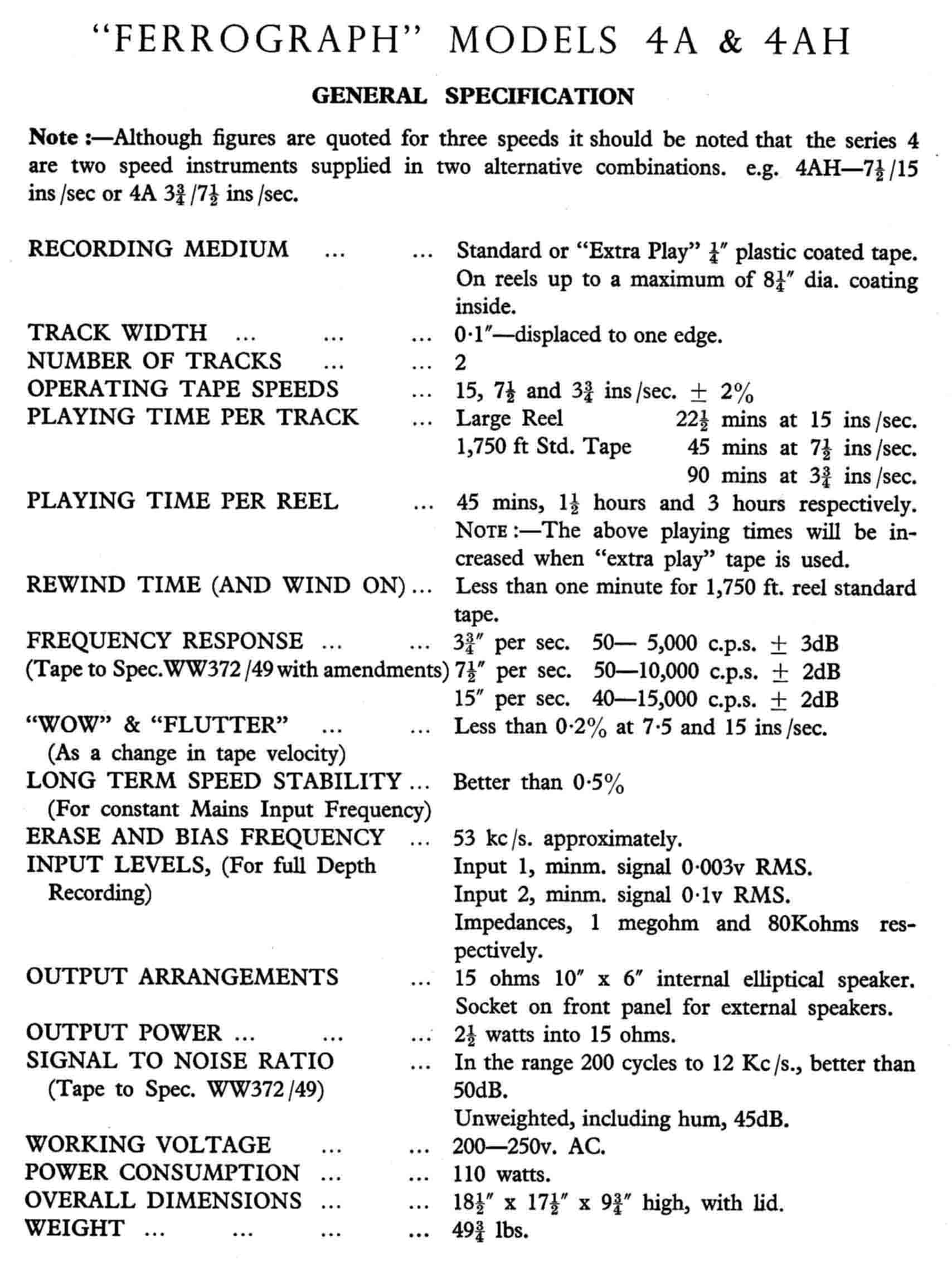 Ferrograph Series 4 Detailed Specification.