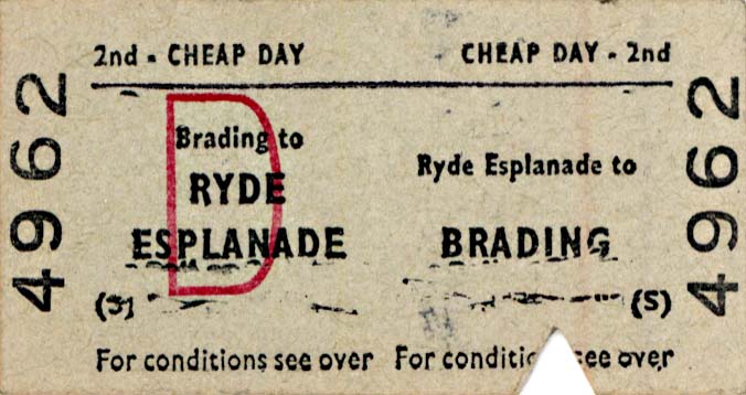 Last day return ticket - Ryde Esplanade to Brading. Used on the 8.30pm Ryde to Brading and 8.55pm return, the very last time it was possible to make this return trip by steam.