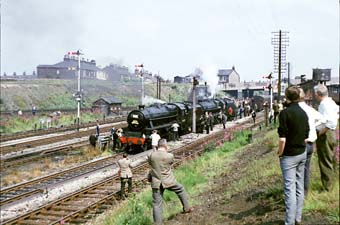 44871 & 44894 take water at Rose Grove on 4th August 1968.