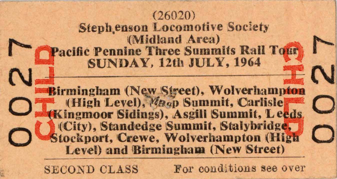 My child's ticket for the Pacific Pennine Three Summits Rail Tour - Sunday 12th July 1964.