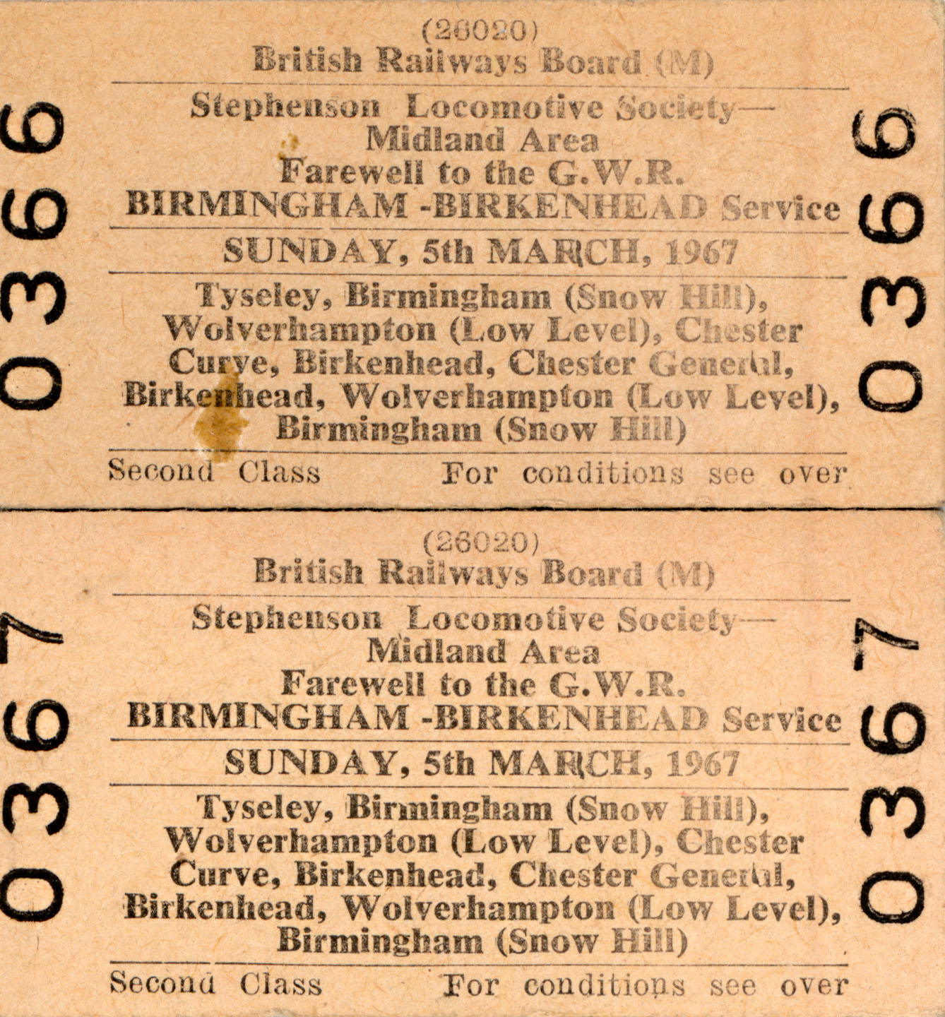 Birmingham (Snow Hill) to Birkenhead (Woodside) last day tickets - 5th March 1967.